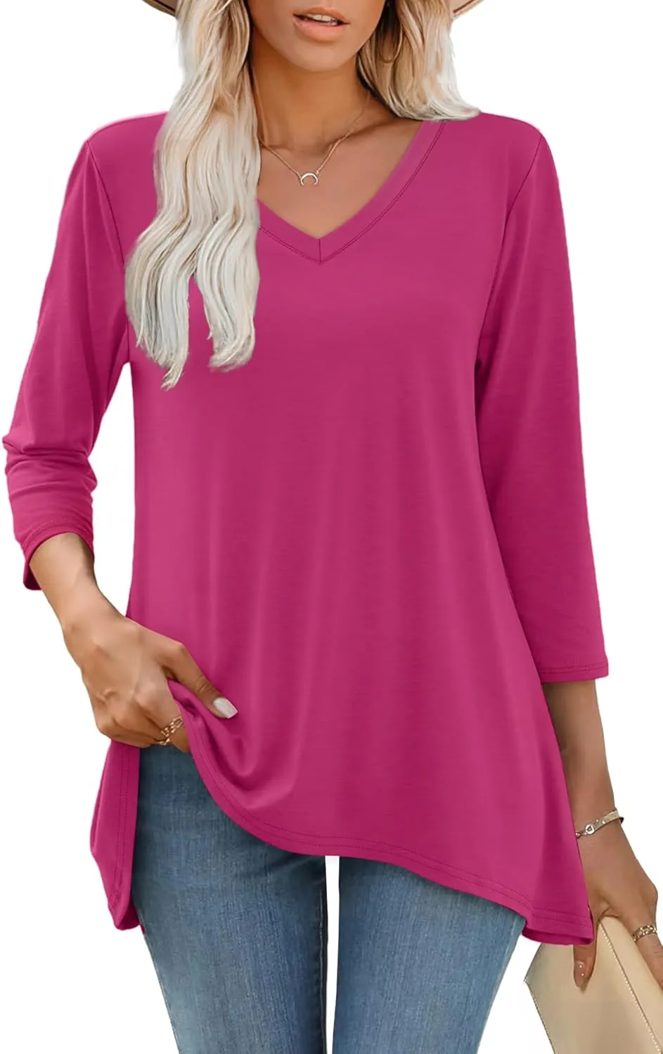 WIHOLL 3/4 Sleeve Tunic Tops for Women Loose Fit Dressy Casual Blouses V Neck T Shirts with Asymmetrical Hem S-3XL