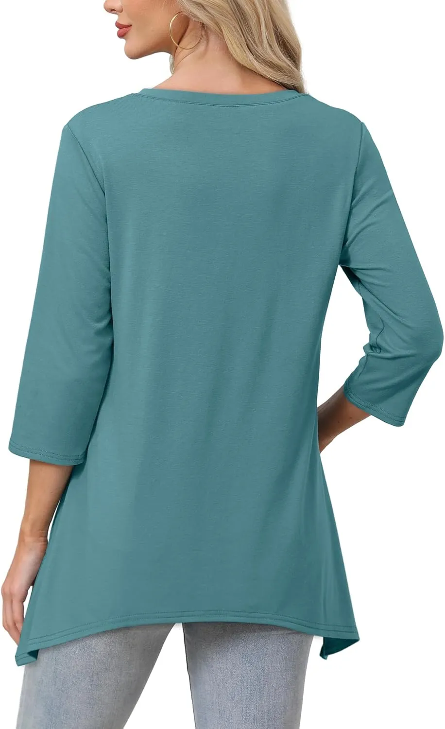 WIHOLL 3/4 Sleeve Tunic Tops for Women Loose Fit Dressy Casual Blouses V Neck T Shirts with Asymmetrical Hem S-3XL