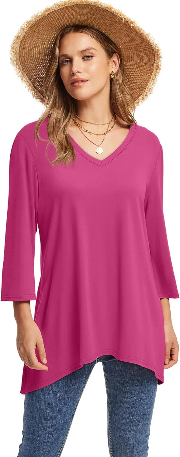 WIHOLL 3/4 Sleeve Tunic Tops for Women Loose Fit Dressy Casual Blouses V Neck T Shirts with Asymmetrical Hem S-3XL