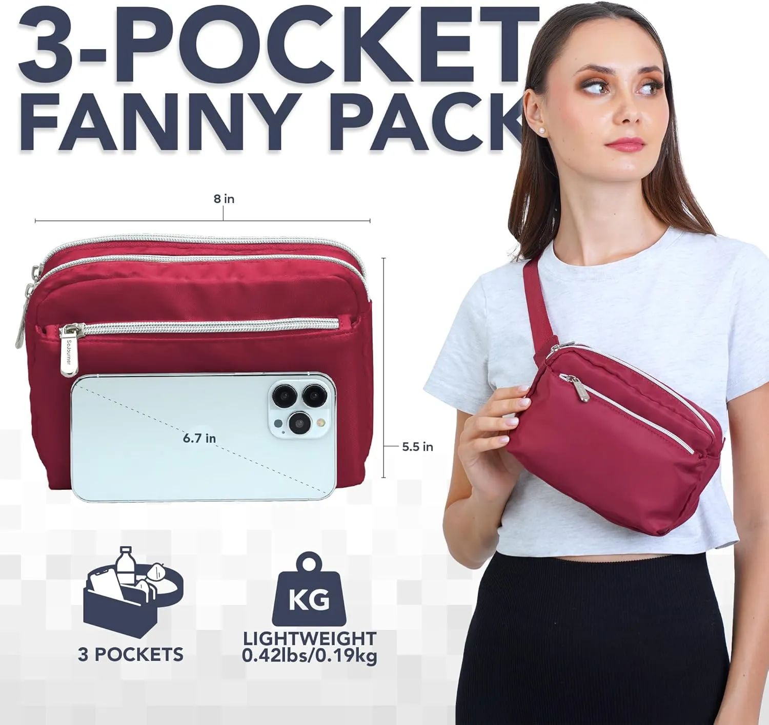 Wine Red Crossbody Belt Bag for Women  Stylish Fanny Pack, Functional and Fashion Waist Packs for Travel, Festivals, and Everyday Use