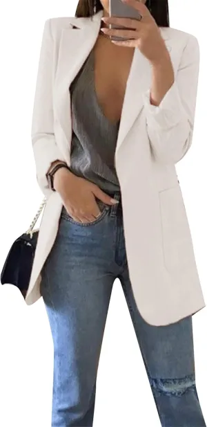 WIWIQS Women Blazer Lapel Solid Color Casual Loose Office Coat with Pockets Long Sleeve Slim Work Jacket