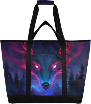 Wolf Face Galaxy Large Insulated Tote Bag for Grocery Shopping Reusable Tote Bags for Women Men, Cooler Bag with Zippered Top & Handles for Beach Picnic Travel