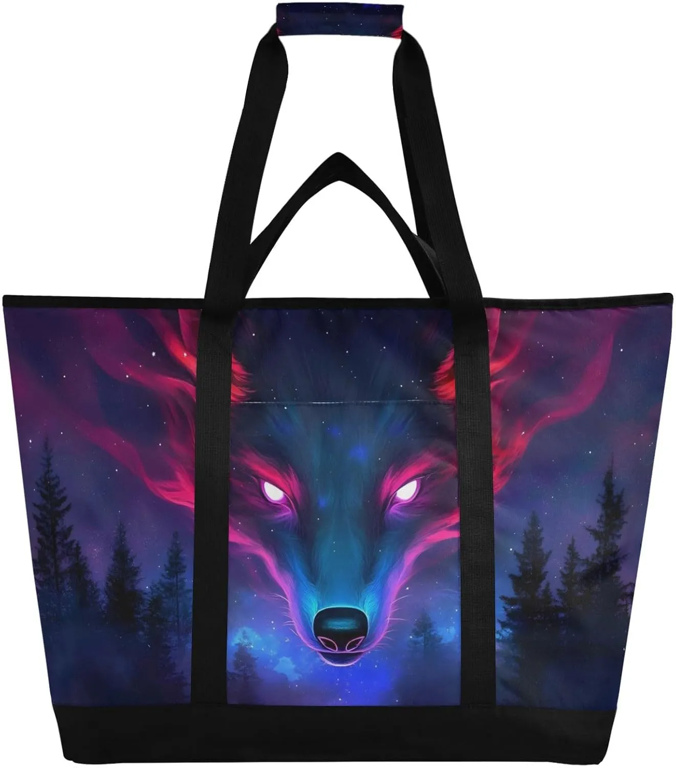 Wolf Face Galaxy Large Insulated Tote Bag for Grocery Shopping Reusable Tote Bags for Women Men, Cooler Bag with Zippered Top & Handles for Beach Picnic Travel