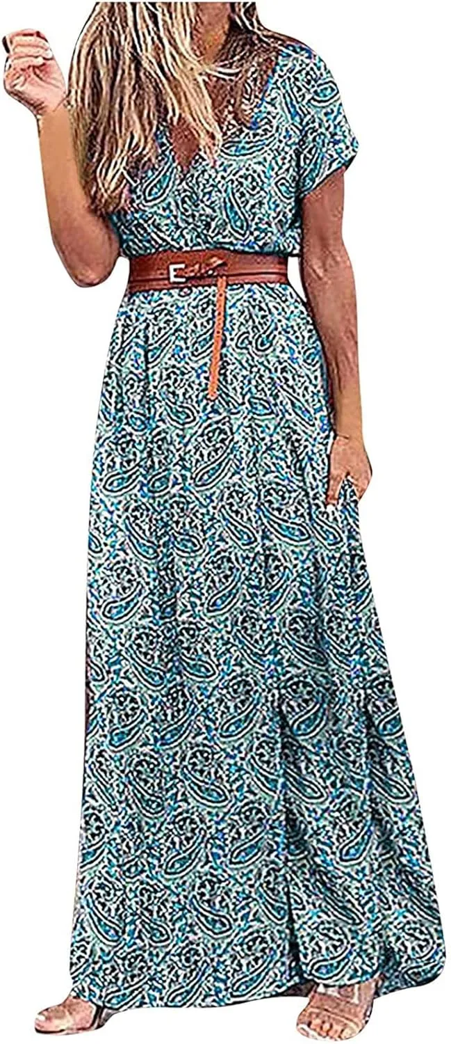 Women Boho Causal Summer Dress Short Sleeve High Waist Maxi Long Dresses 2024 Trendy Dress Beach Vacation Clothing