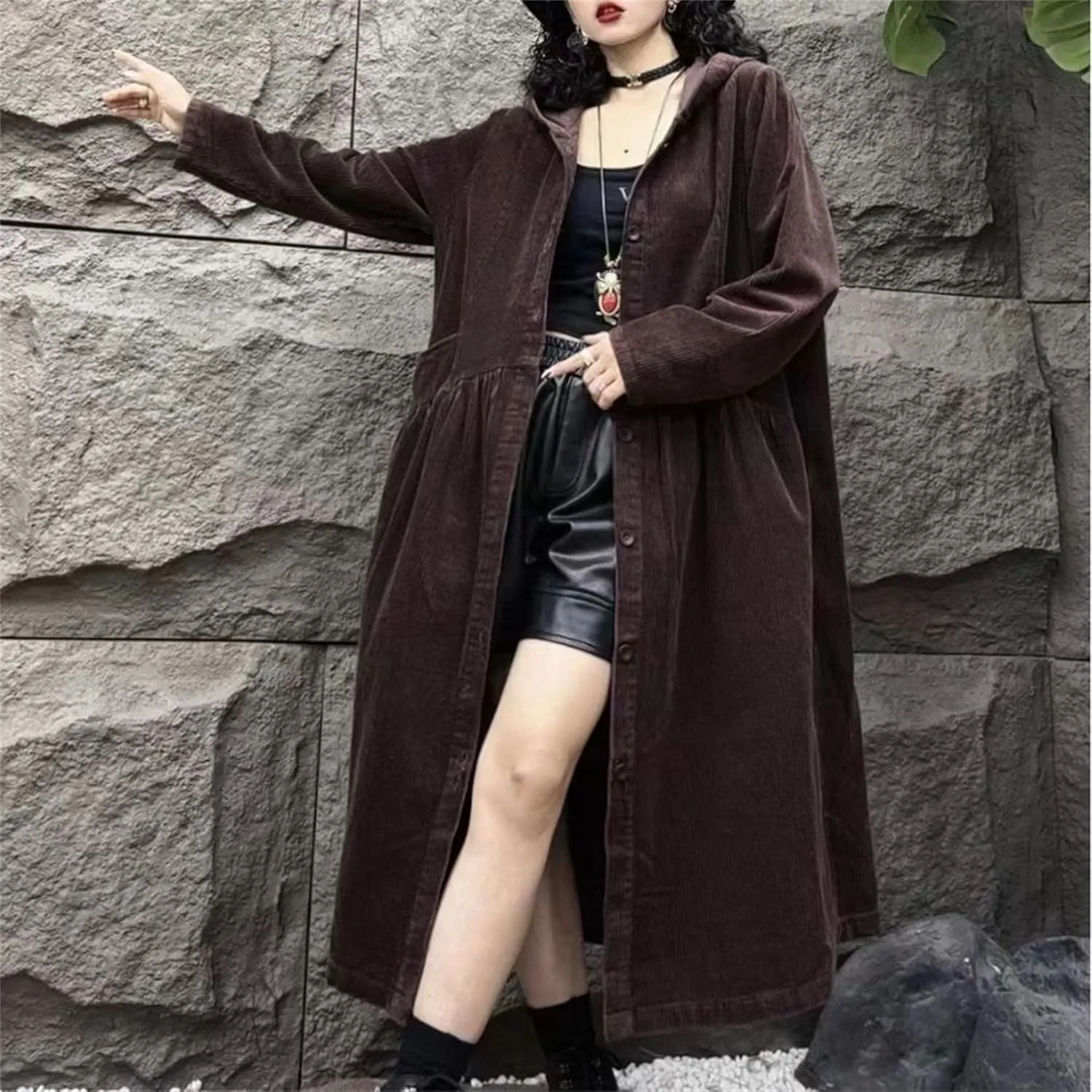 Women Corduroy Jackets Hooded Long Overcoat Button Down Long Sleeve Shirts Trench Coats Casual Open Front Cardigan