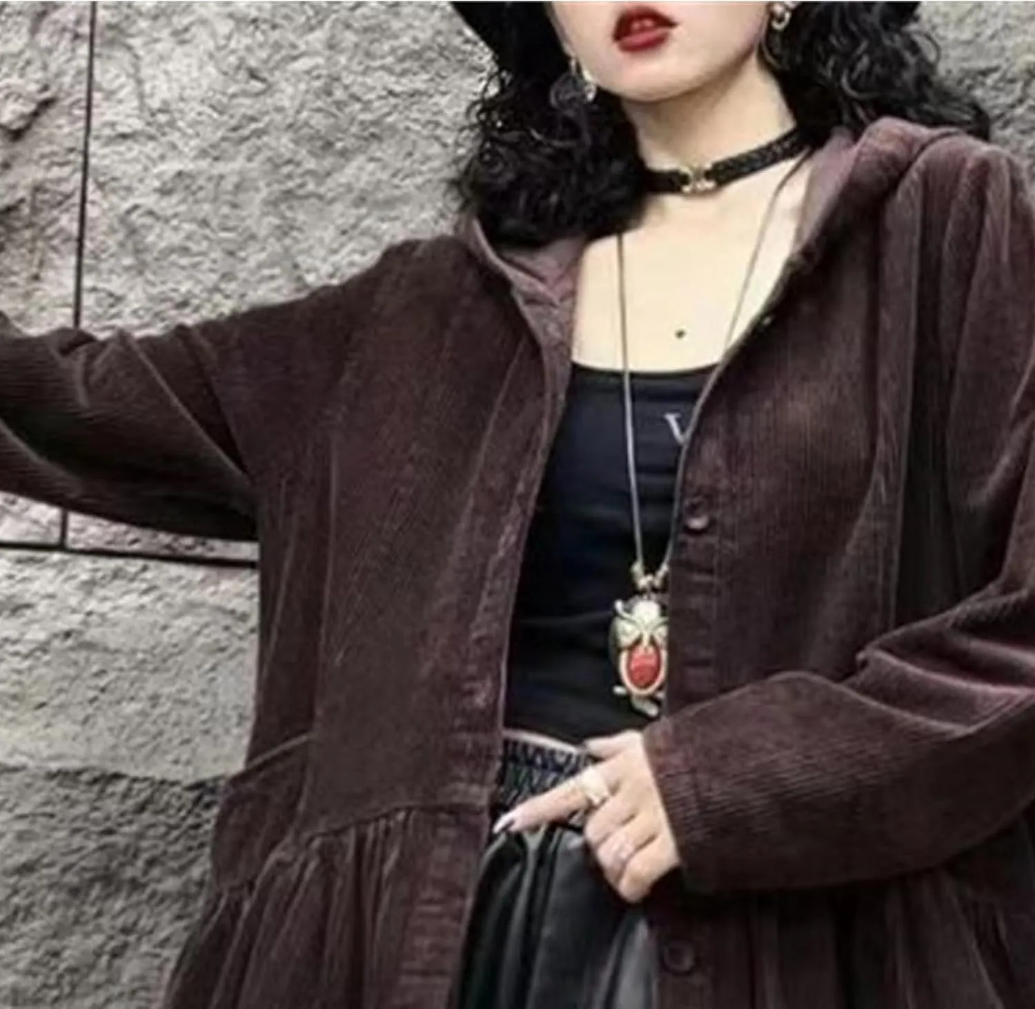 Women Corduroy Jackets Hooded Long Overcoat Button Down Long Sleeve Shirts Trench Coats Casual Open Front Cardigan