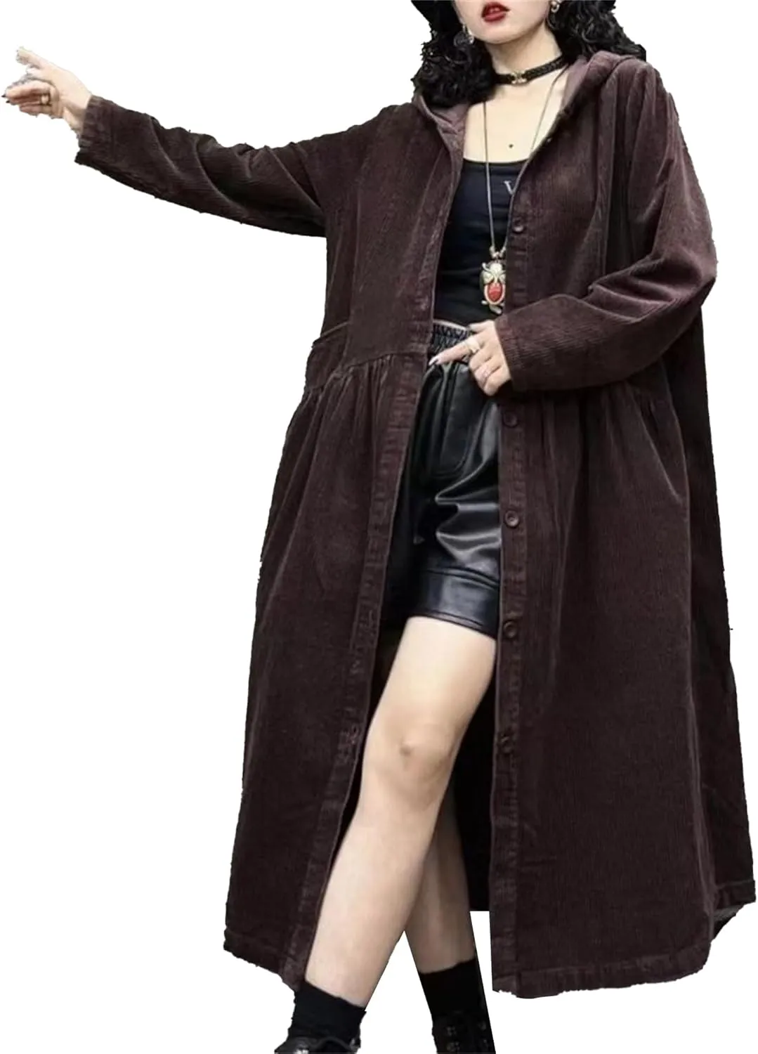Women Corduroy Jackets Hooded Long Overcoat Button Down Long Sleeve Shirts Trench Coats Casual Open Front Cardigan
