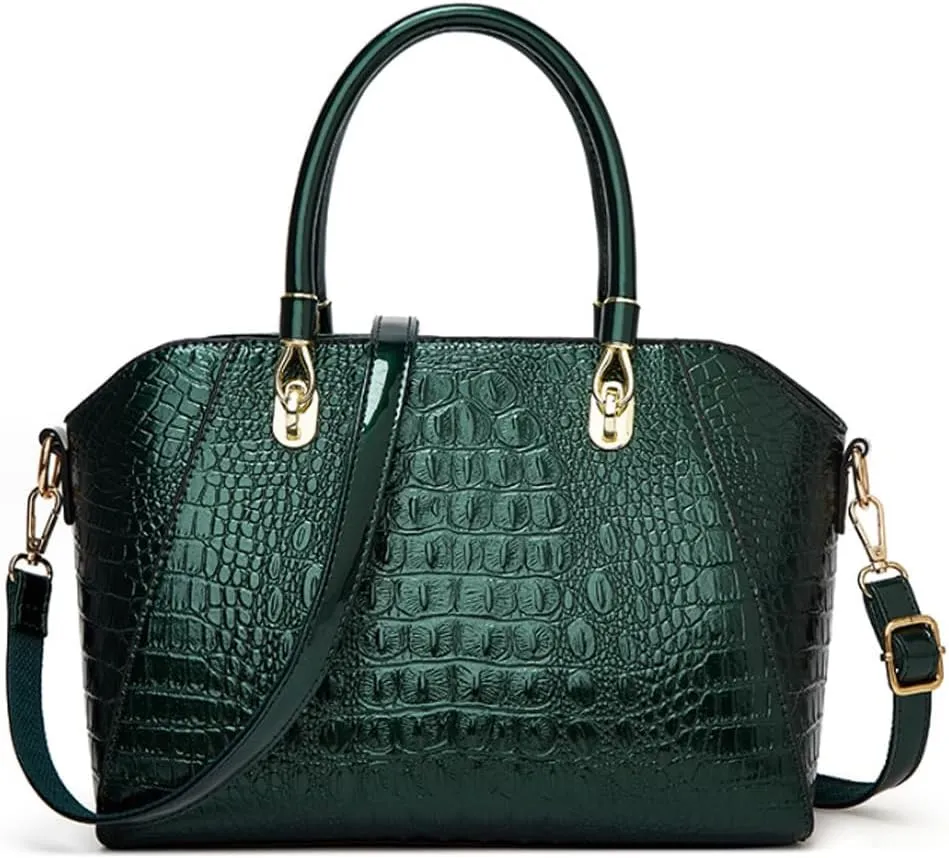 Women Crocodile Pattern Purse Tote Satchel Glossy Elegant Top Handle Handbag Shoulder Bag