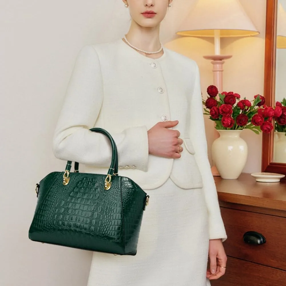 Women Crocodile Pattern Purse Tote Satchel Glossy Elegant Top Handle Handbag Shoulder Bag