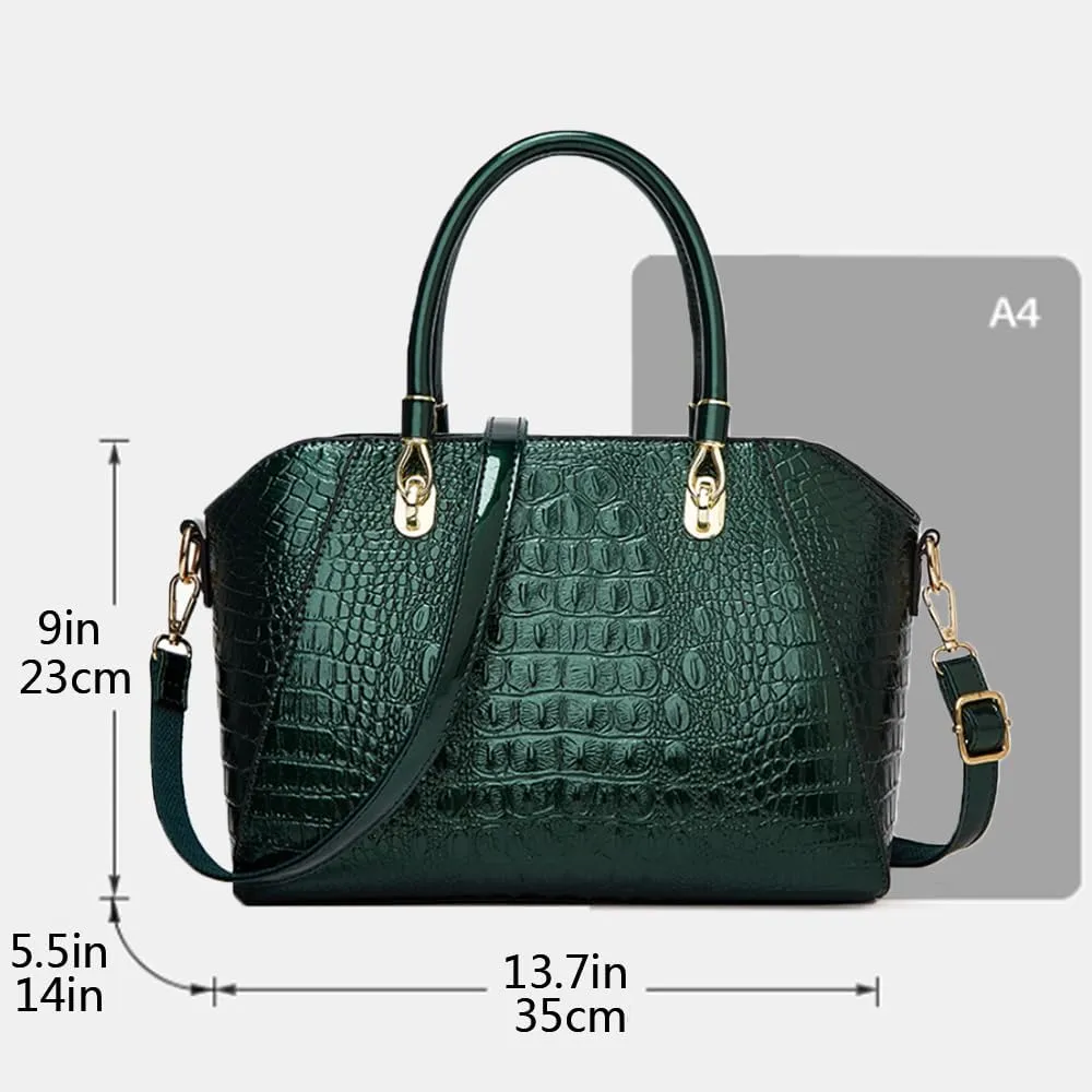 Women Crocodile Pattern Purse Tote Satchel Glossy Elegant Top Handle Handbag Shoulder Bag