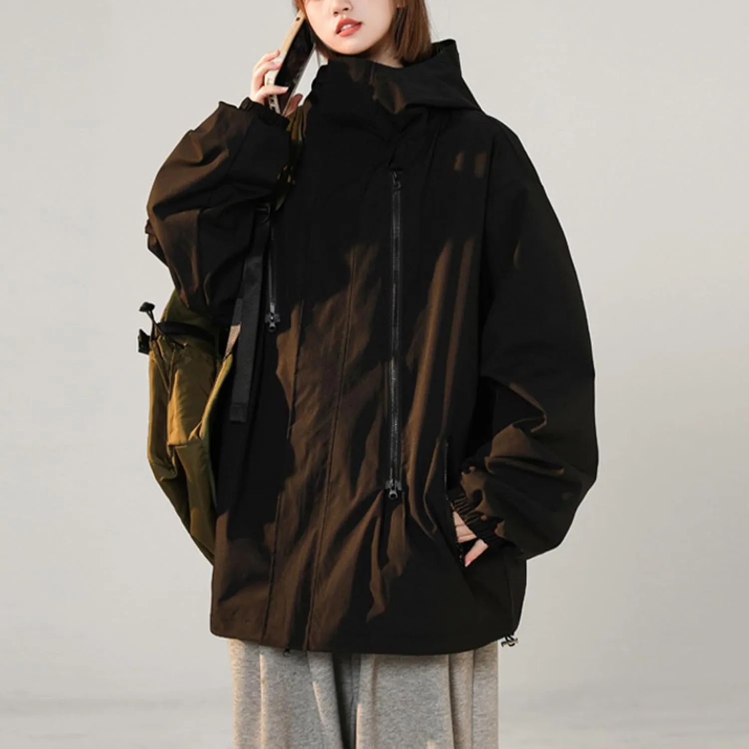 Women Fashion Oversized Waterproof Rain Jackets Full Zip Up Lightweight Detachable Hood Raincoat Outdoor Windbreaker