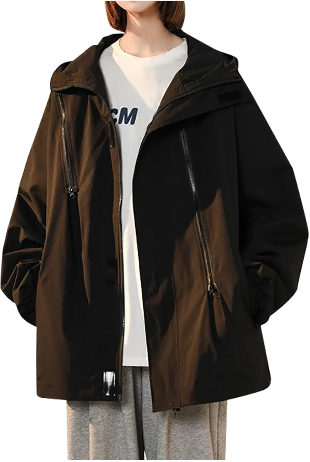 Women Fashion Oversized Waterproof Rain Jackets Full Zip Up Lightweight Detachable Hood Raincoat Outdoor Windbreaker