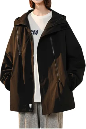 Women Fashion Oversized Waterproof Rain Jackets Full Zip Up Lightweight Detachable Hood Raincoat Outdoor Windbreaker