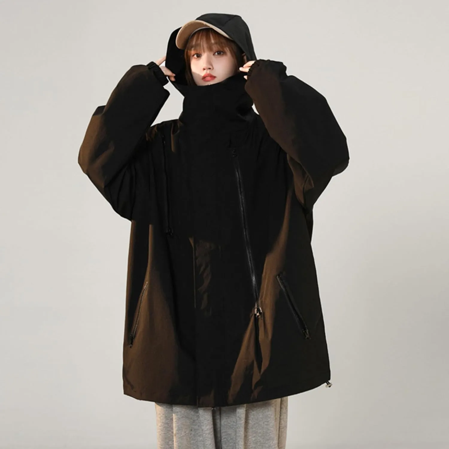 Women Fashion Oversized Waterproof Rain Jackets Full Zip Up Lightweight Detachable Hood Raincoat Outdoor Windbreaker
