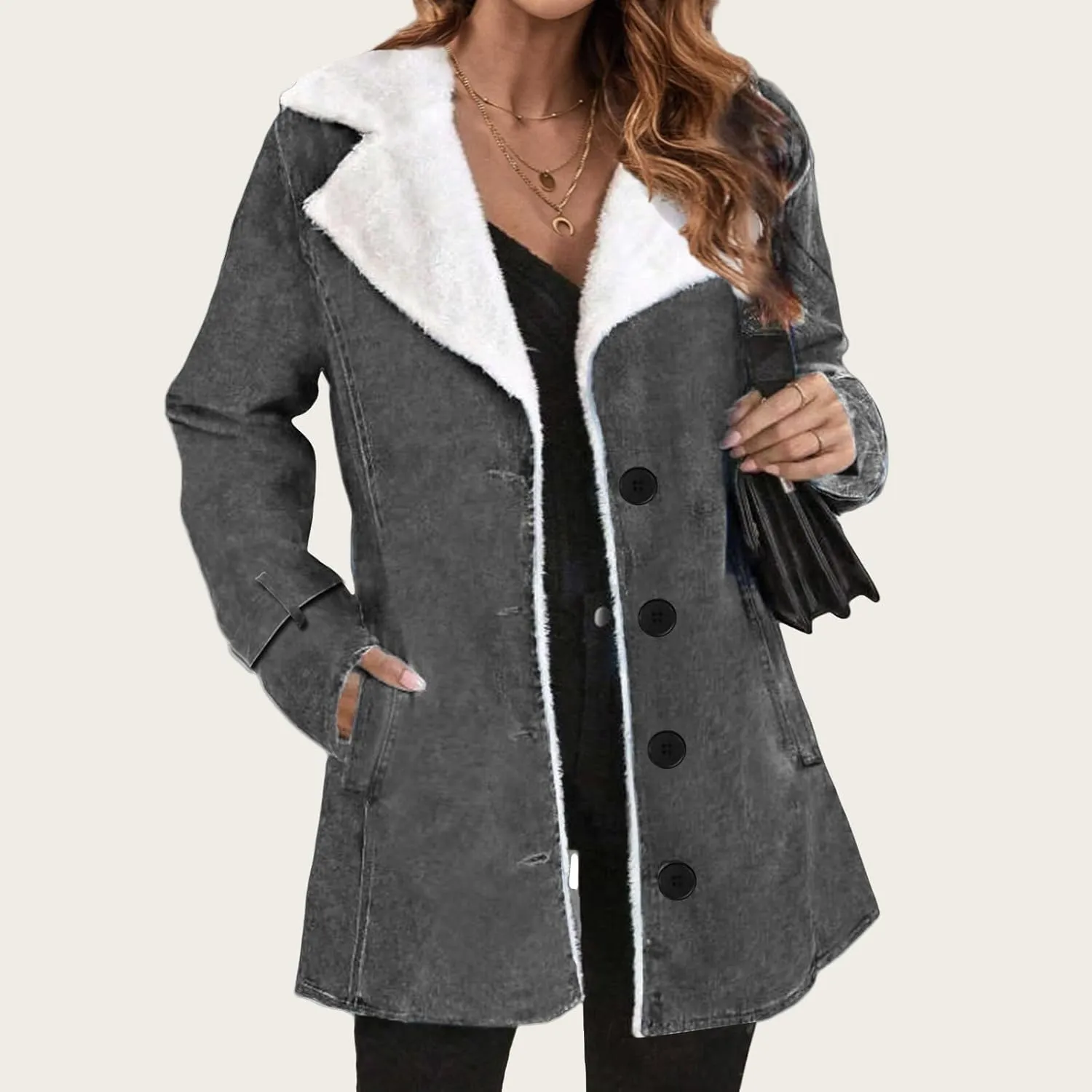 Women Fleece Lined Jackets Faux Suede Trench Coat Notch Lapel Button Down Outwear Winter Warm Parka Jackets