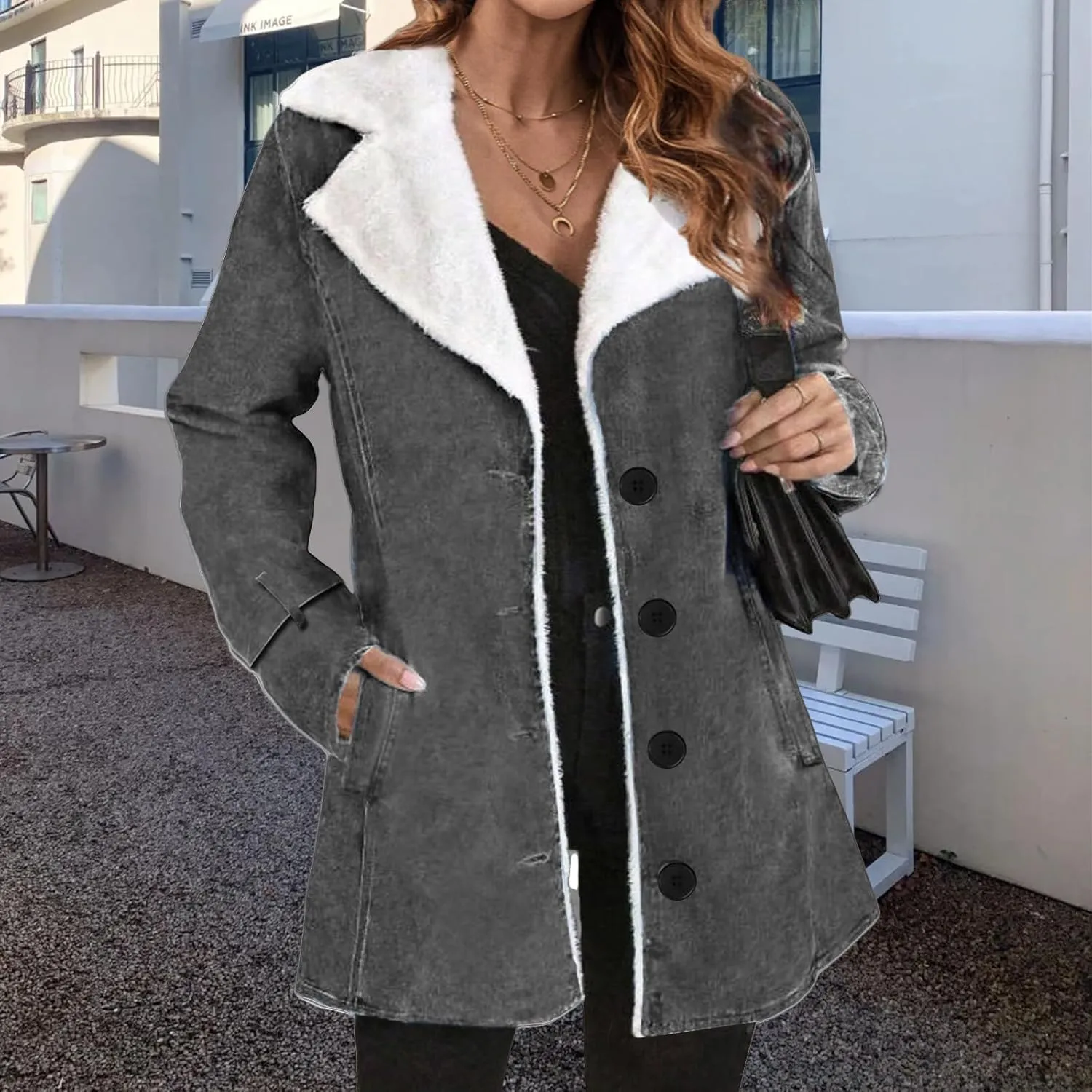 Women Fleece Lined Jackets Faux Suede Trench Coat Notch Lapel Button Down Outwear Winter Warm Parka Jackets