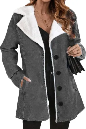 Women Fleece Lined Jackets Faux Suede Trench Coat Notch Lapel Button Down Outwear Winter Warm Parka Jackets