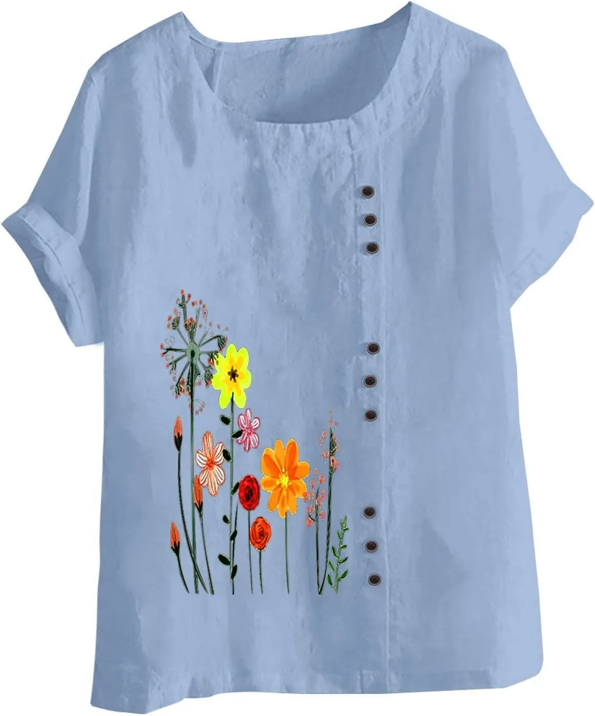 Women Floral Print Linen Shirts Short Sleeve Gauze Tops Loose Fit Cotton Blouses Trendy 2024 Clothing