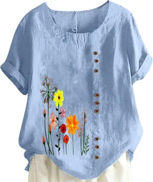 Women Floral Print Linen Shirts Short Sleeve Gauze Tops Loose Fit Cotton Blouses Trendy 2024 Clothing