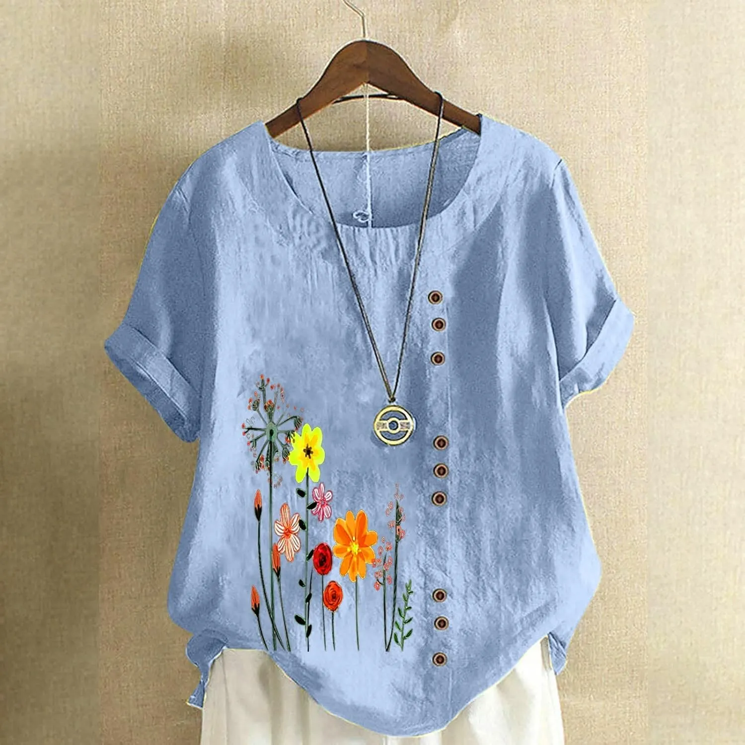 Women Floral Print Linen Shirts Short Sleeve Gauze Tops Loose Fit Cotton Blouses Trendy 2024 Clothing