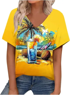 Women Floral Summer Tee Tops Dressy Casual Blouse Short Sleeve V Neck Loose Fit T Shirts Trendy Boho Clothes 2025