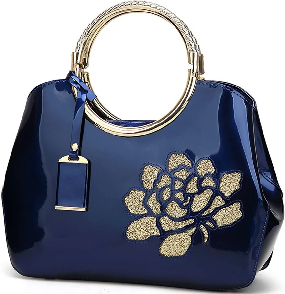 Women Handbag Patent Leather Flower Pattern Satchel Charm Glossy Purse Metal Grip Structured Shoulder Bag