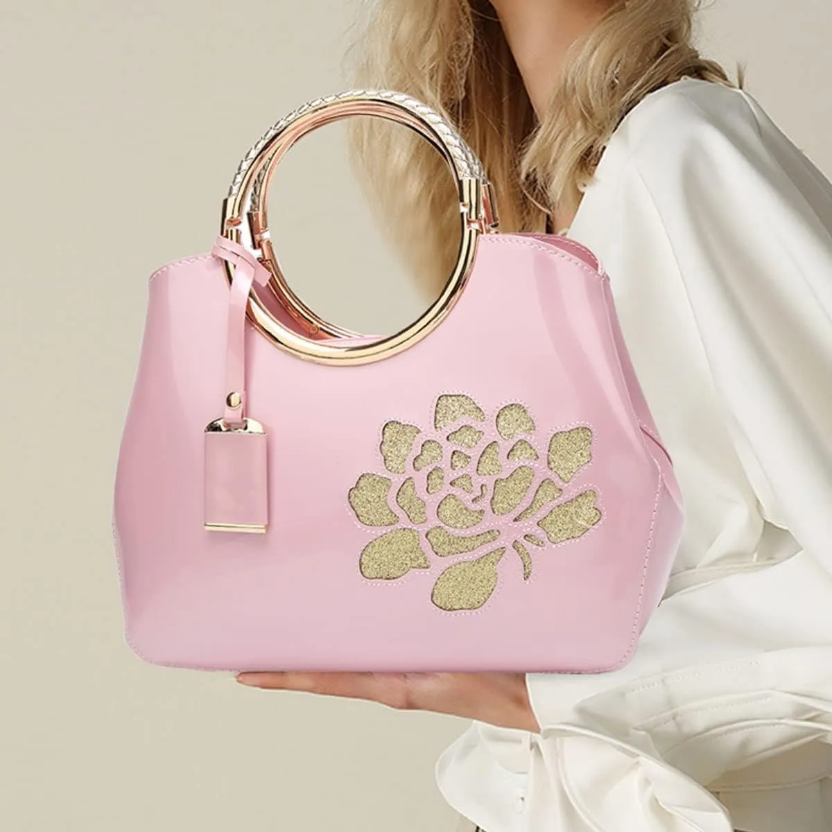 Women Handbag Patent Leather Flower Pattern Satchel Charm Glossy Purse Metal Grip Structured Shoulder Bag