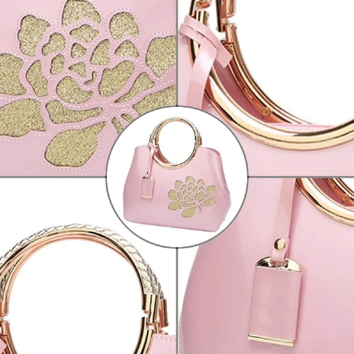 Women Handbag Patent Leather Flower Pattern Satchel Charm Glossy Purse Metal Grip Structured Shoulder Bag
