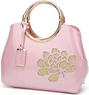 Women Handbag Patent Leather Flower Pattern Satchel Charm Glossy Purse Metal Grip Structured Shoulder Bag