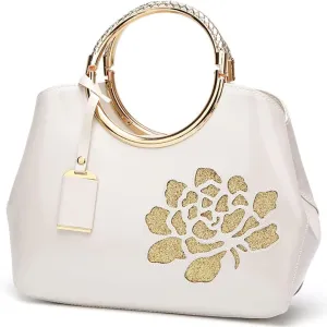 Women Handbag Patent Leather Flower Pattern Satchel Charm Glossy Purse Metal Grip Structured Shoulder Bag