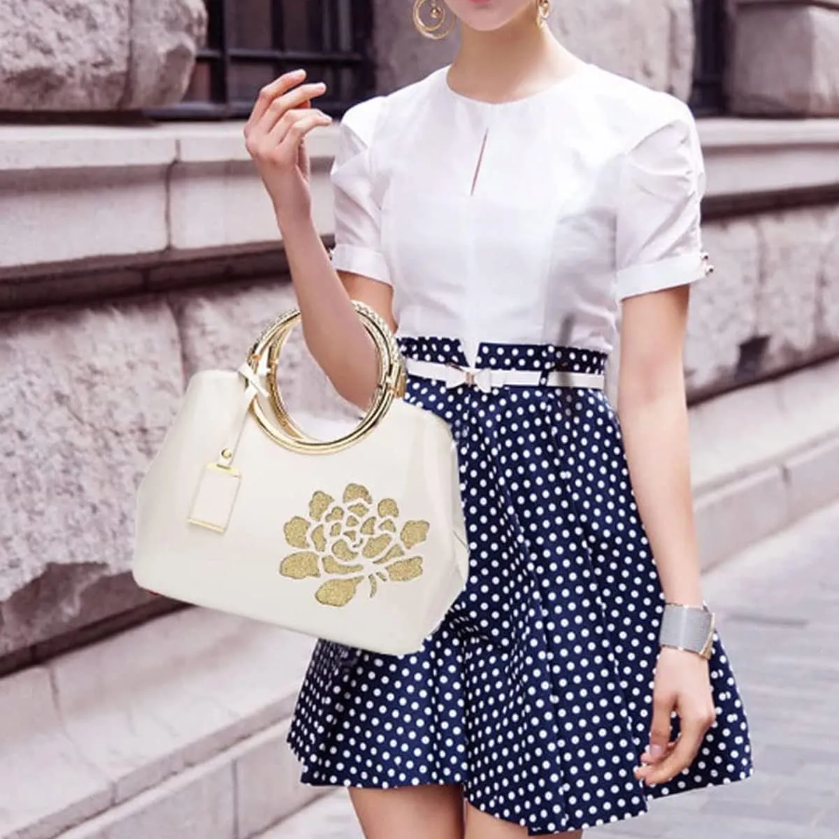 Women Handbag Patent Leather Flower Pattern Satchel Charm Glossy Purse Metal Grip Structured Shoulder Bag