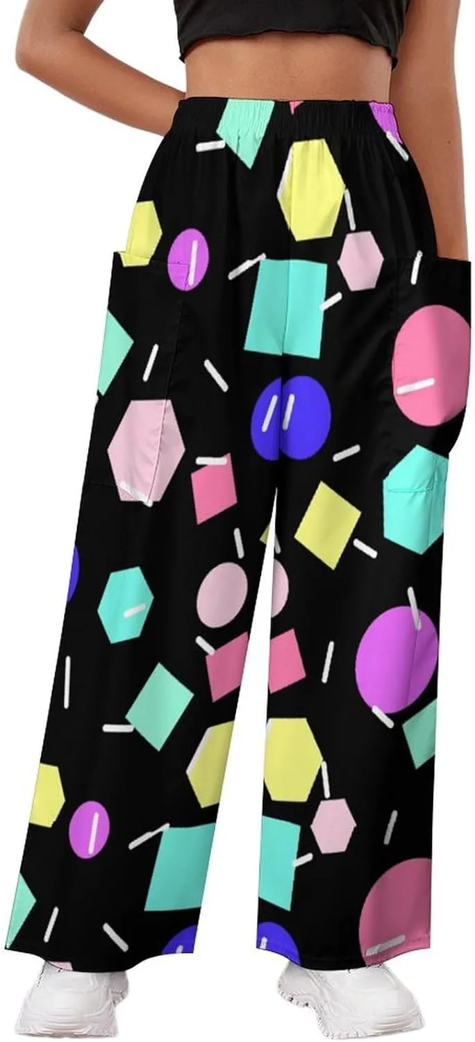 Women High Waist Loose Flowy Wide Leg Geometric Figure Casual Palazzo Pants for Office with Pockets