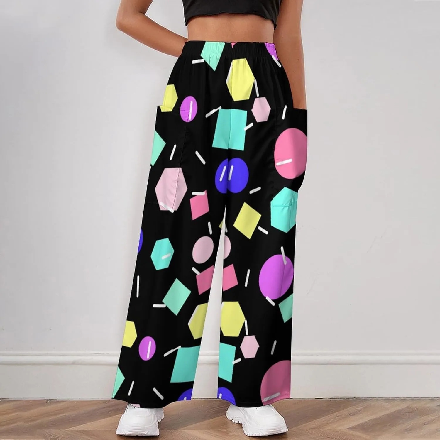 Women High Waist Loose Flowy Wide Leg Geometric Figure Casual Palazzo Pants for Office with Pockets