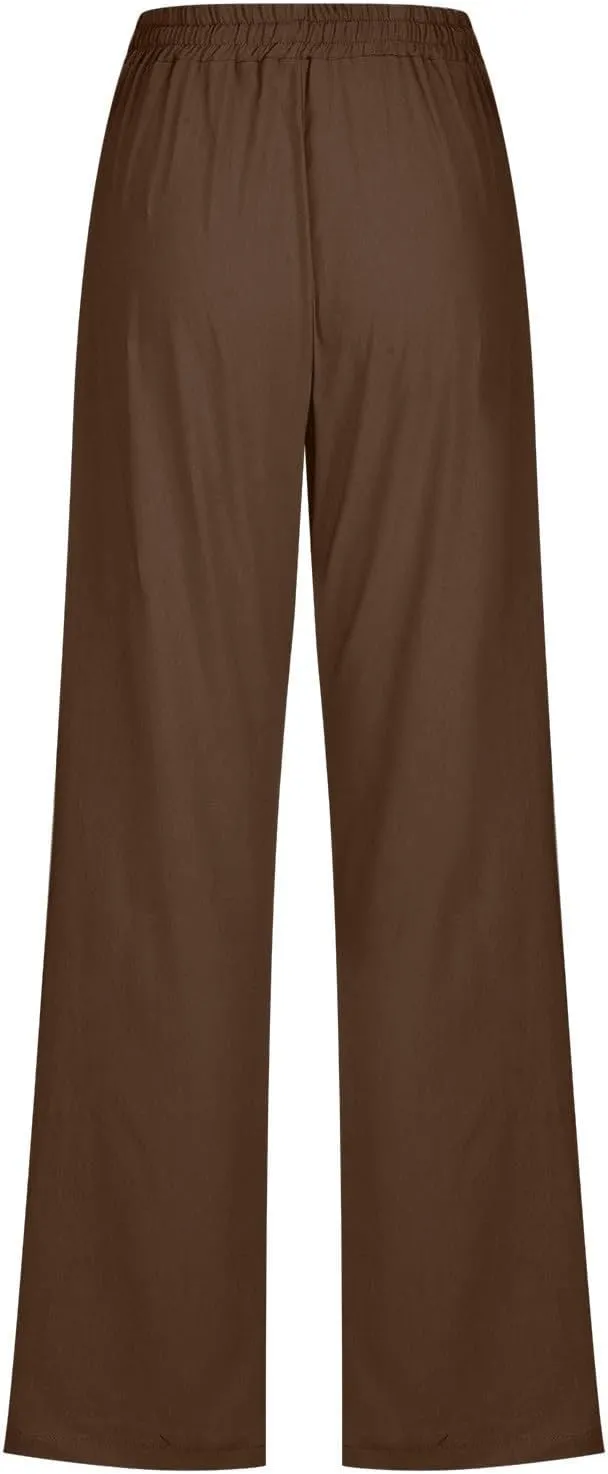 Women Linen Pants 2025 Summer Casual High Waist Drawstring Wide Leg Trousers with Pockets Beach Vacation Clothes