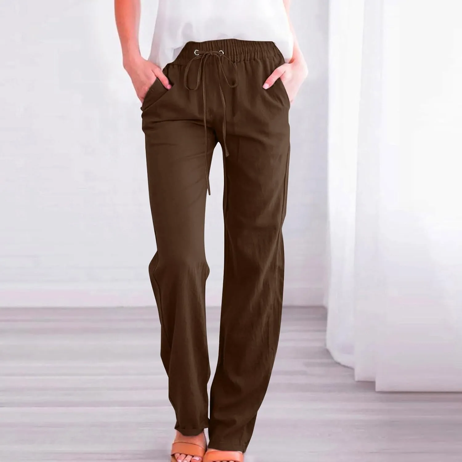 Women Linen Pants 2025 Summer Casual High Waist Drawstring Wide Leg Trousers with Pockets Beach Vacation Clothes