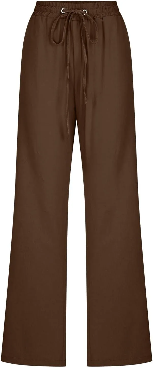 Women Linen Pants 2025 Summer Casual High Waist Drawstring Wide Leg Trousers with Pockets Beach Vacation Clothes