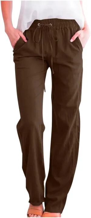 Women Linen Pants 2025 Summer Casual High Waist Drawstring Wide Leg Trousers with Pockets Beach Vacation Clothes