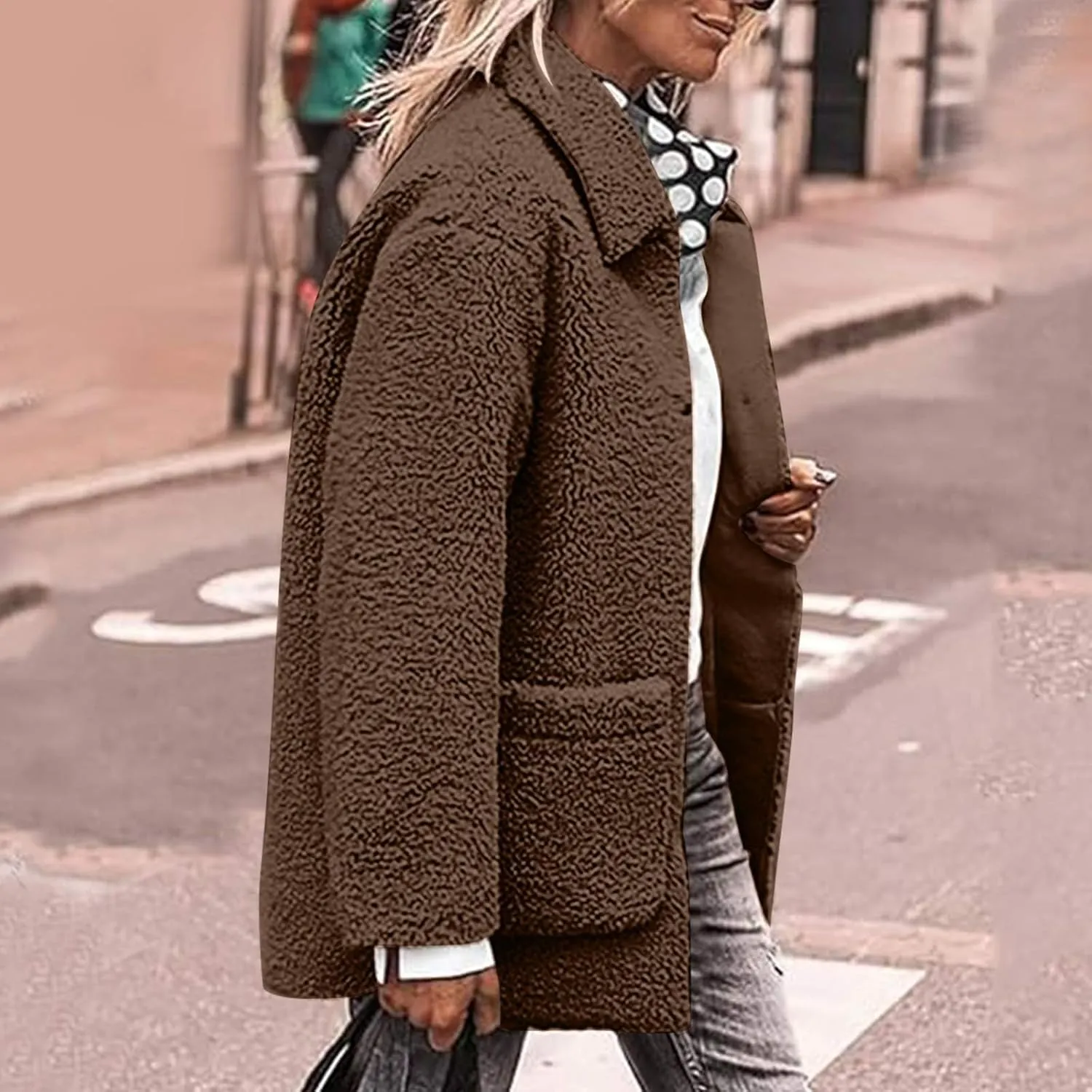 Women Plush Jacket Trendy Solid Color Fleece Winter Warm Coat Long Sleeve Lapel Casual Pockets Outerwear & Jackets