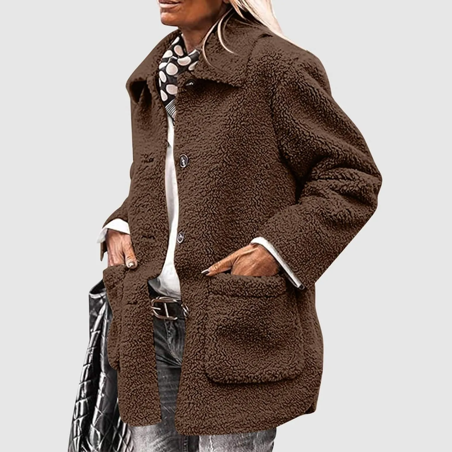 Women Plush Jacket Trendy Solid Color Fleece Winter Warm Coat Long Sleeve Lapel Casual Pockets Outerwear & Jackets