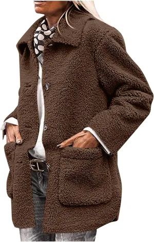 Women Plush Jacket Trendy Solid Color Fleece Winter Warm Coat Long Sleeve Lapel Casual Pockets Outerwear & Jackets