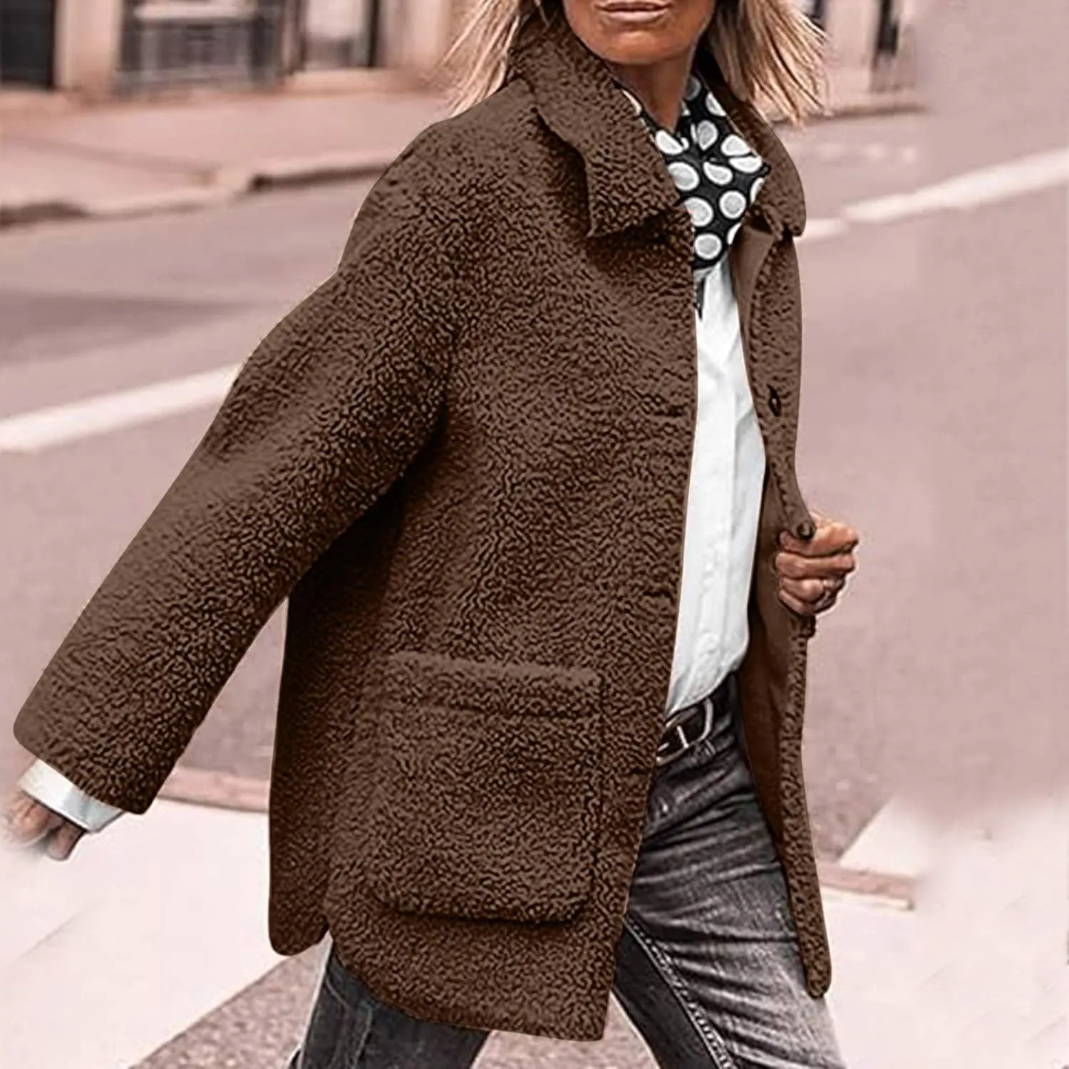 Women Plush Jacket Trendy Solid Color Fleece Winter Warm Coat Long Sleeve Lapel Casual Pockets Outerwear & Jackets