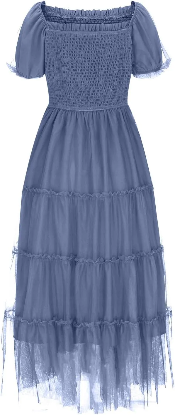 Women Puff Sleeve Boho Dresses High Waist Layered Ruffle Maxi Dress Summer Smocked Sundress Resort Wear 2025