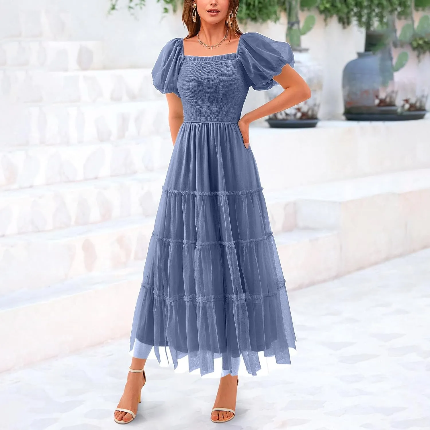 Women Puff Sleeve Boho Dresses High Waist Layered Ruffle Maxi Dress Summer Smocked Sundress Resort Wear 2025