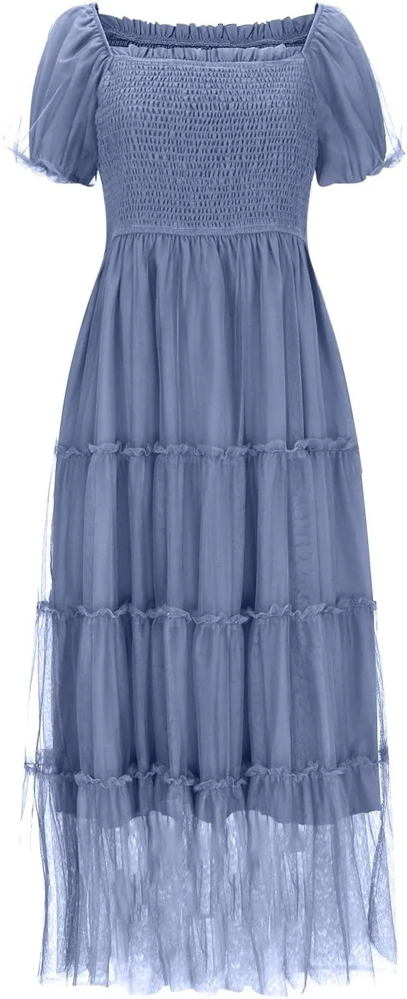 Women Puff Sleeve Boho Dresses High Waist Layered Ruffle Maxi Dress Summer Smocked Sundress Resort Wear 2025
