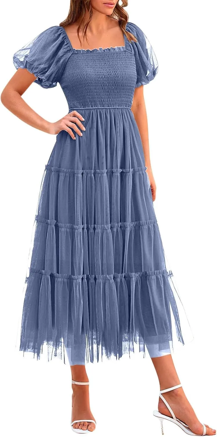 Women Puff Sleeve Boho Dresses High Waist Layered Ruffle Maxi Dress Summer Smocked Sundress Resort Wear 2025