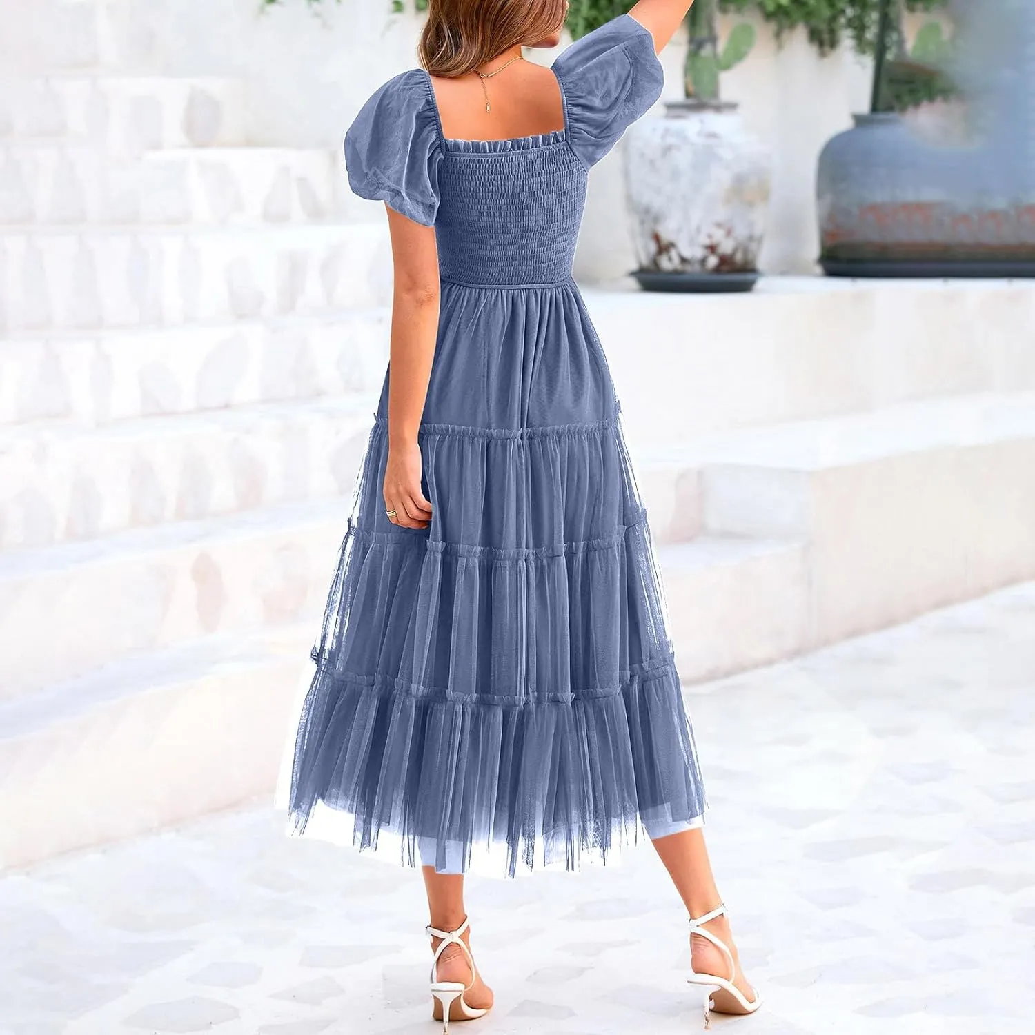 Women Puff Sleeve Boho Dresses High Waist Layered Ruffle Maxi Dress Summer Smocked Sundress Resort Wear 2025