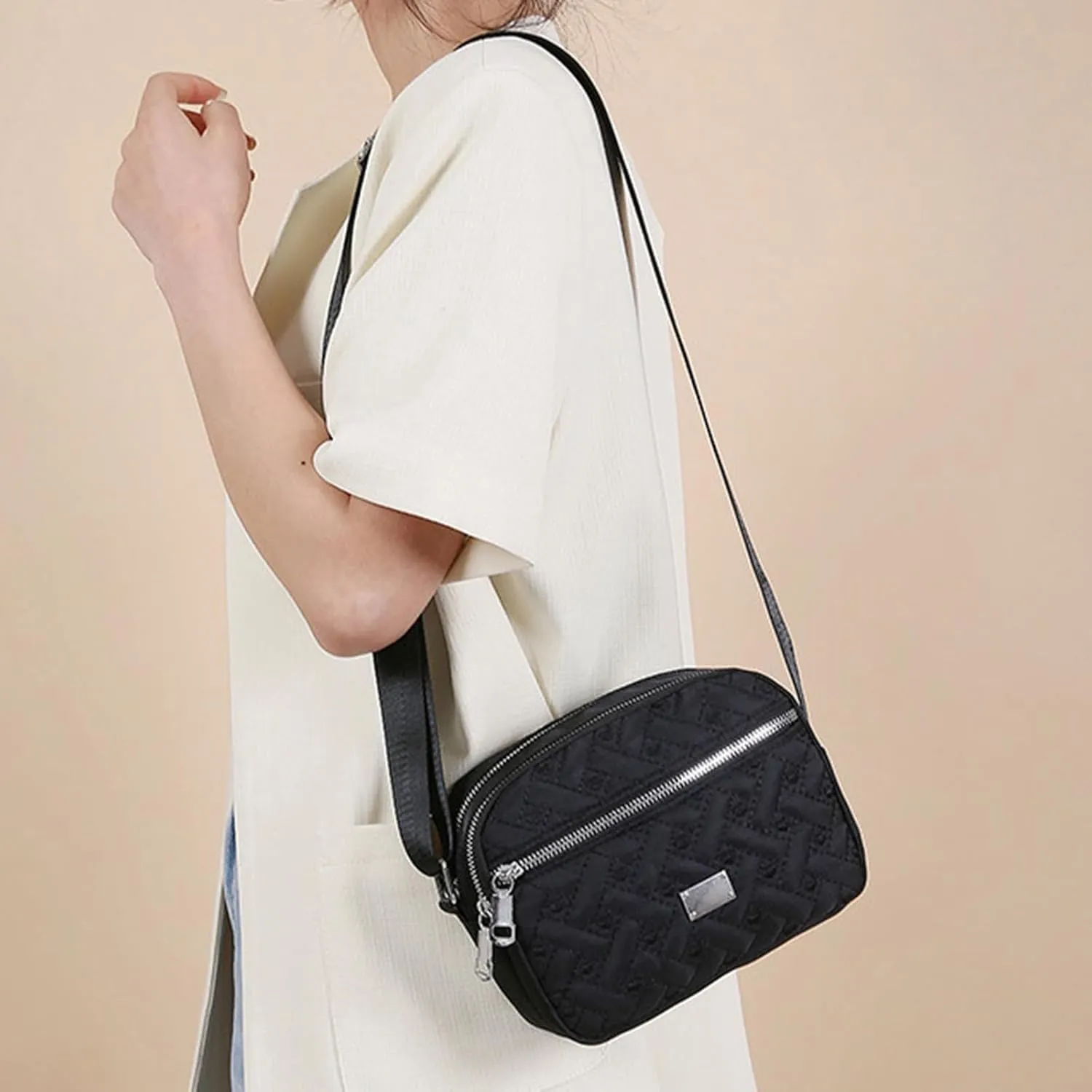 Women Shoulder Bags Fashionable And Simple With Multiple Layer Zipper And A Large Capacity Practical (Black, One Size)