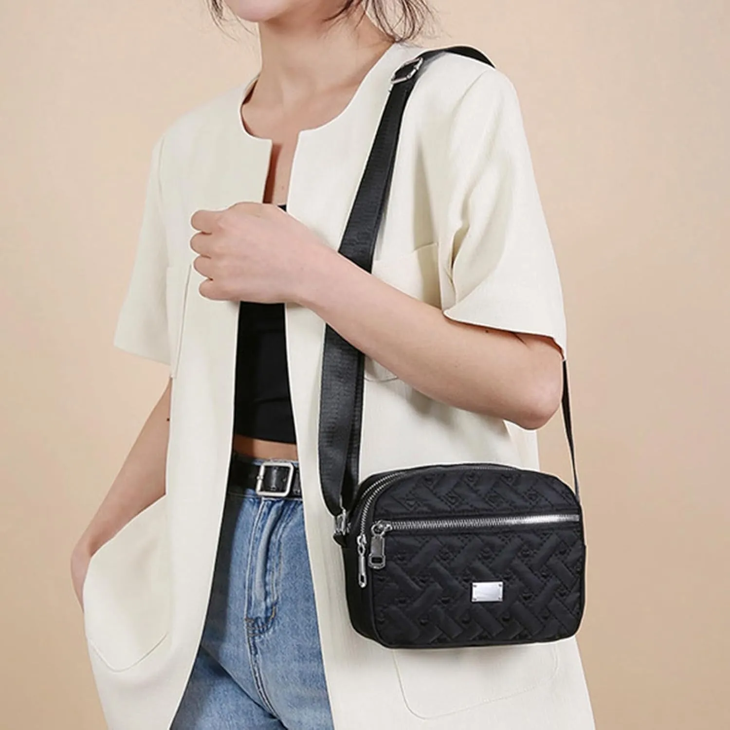 Women Shoulder Bags Fashionable And Simple With Multiple Layer Zipper And A Large Capacity Practical (Black, One Size)