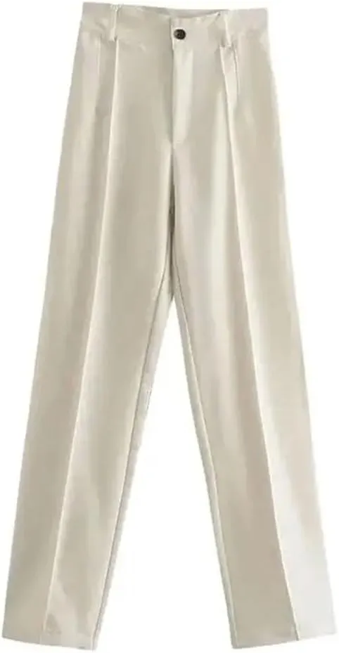 Women Solid Vintage High Waist Zipper Fly Office Straight Pants Business Casual Trousers