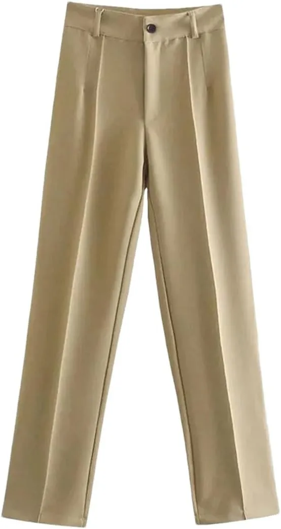 Women Solid Vintage High Waist Zipper Fly Office Straight Pants Business Casual Trousers